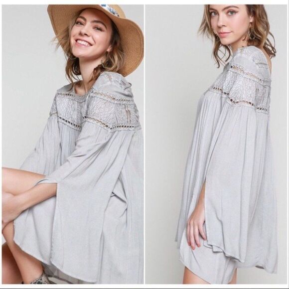 POL Tops - 𝅺POL Woven  Gauze Top Lace Contrast & Bell Sleeves